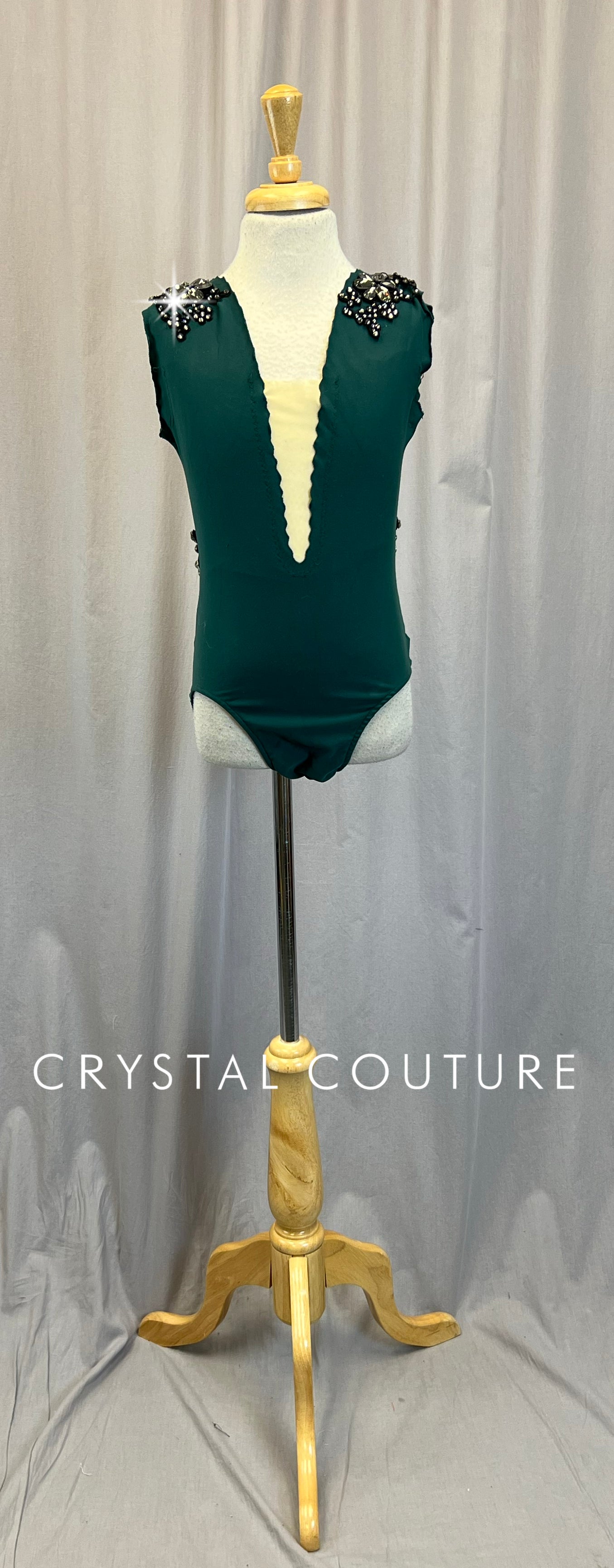 Custom Emerald Green with Cream/Nude Mesh Cap Sleeve Leotard-Appliques