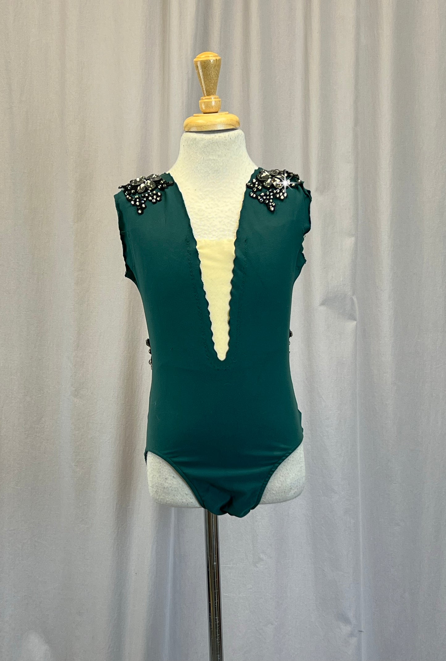 Custom Emerald Green with Cream/Nude Mesh Cap Sleeve Leotard-Appliques
