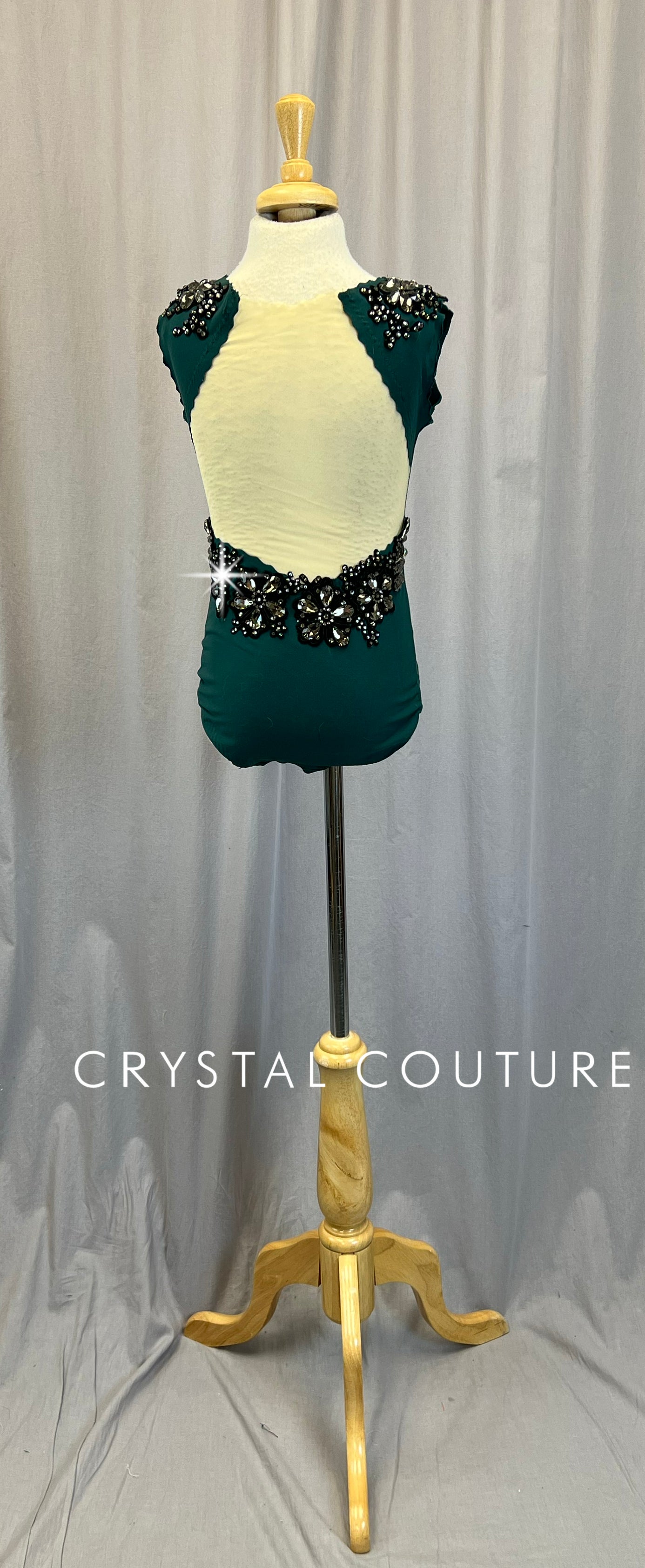 Custom Emerald Green with Cream/Nude Mesh Cap Sleeve Leotard-Appliques