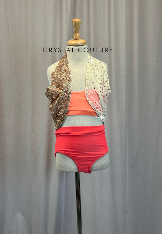 Coral and Ivory Leotard - Rhinestones