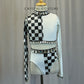 Black and White Checkered Long Sleeve Set + Rhinestones