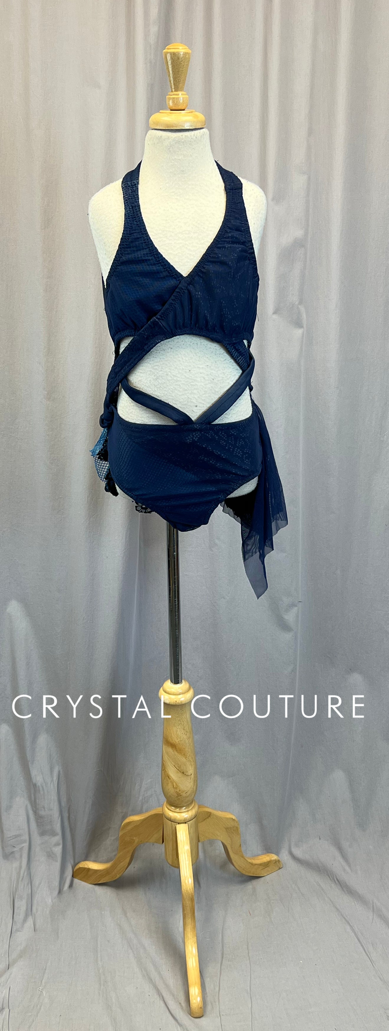 Custom Navy Fishnet, Mesh, and Lace Strappy Leotard
