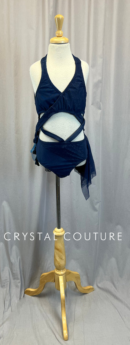 Custom Navy Fishnet, Mesh, and Lace Strappy Leotard