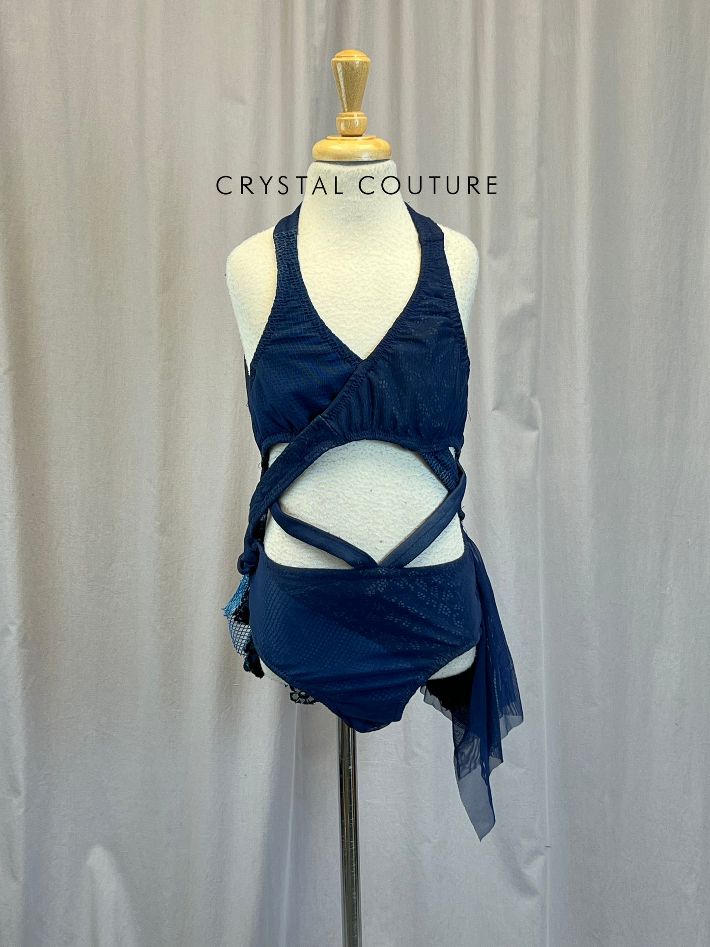 Custom Navy Fishnet, Mesh, and Lace Strappy Leotard