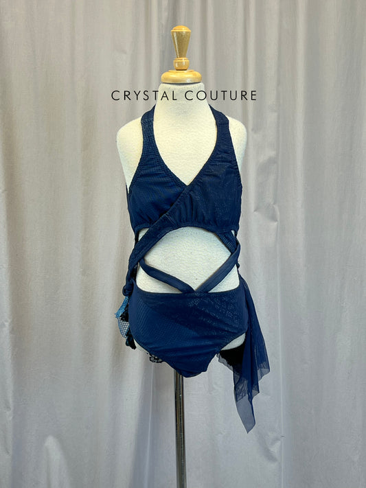 Custom Navy Fishnet, Mesh, and Lace Strappy Leotard