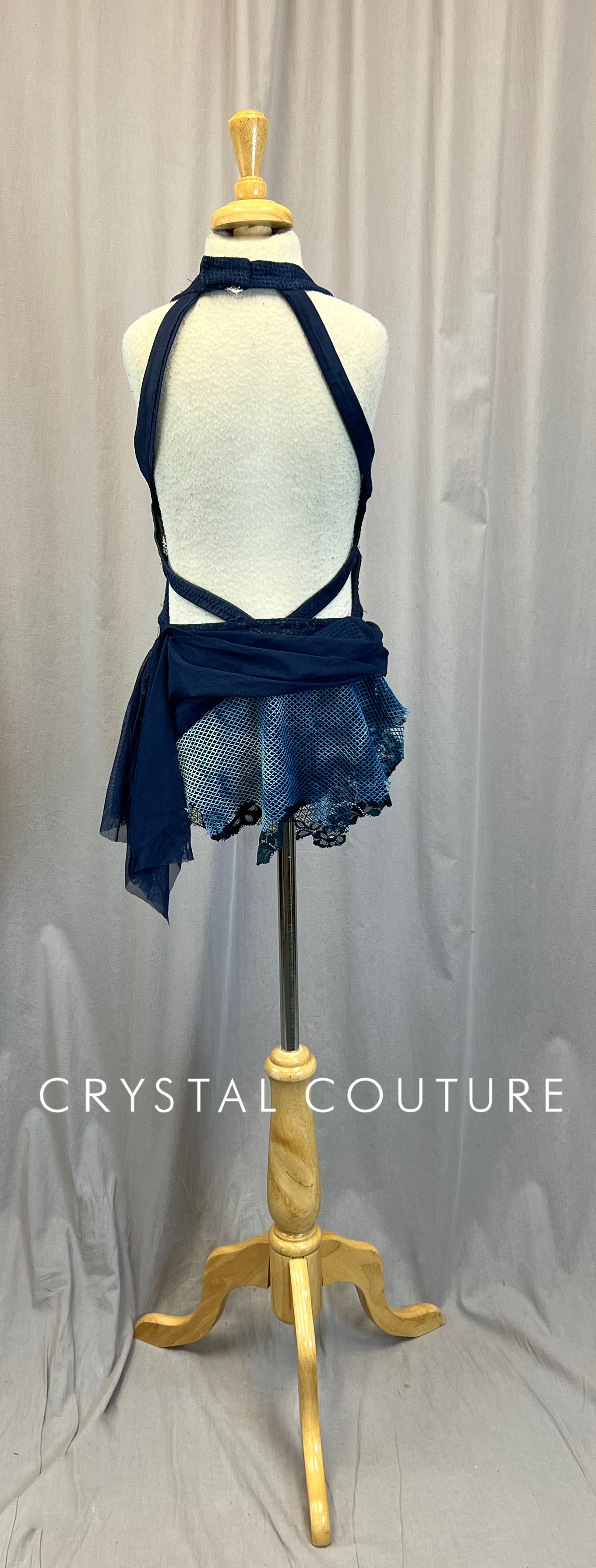 Custom Navy Fishnet, Mesh, and Lace Strappy Leotard