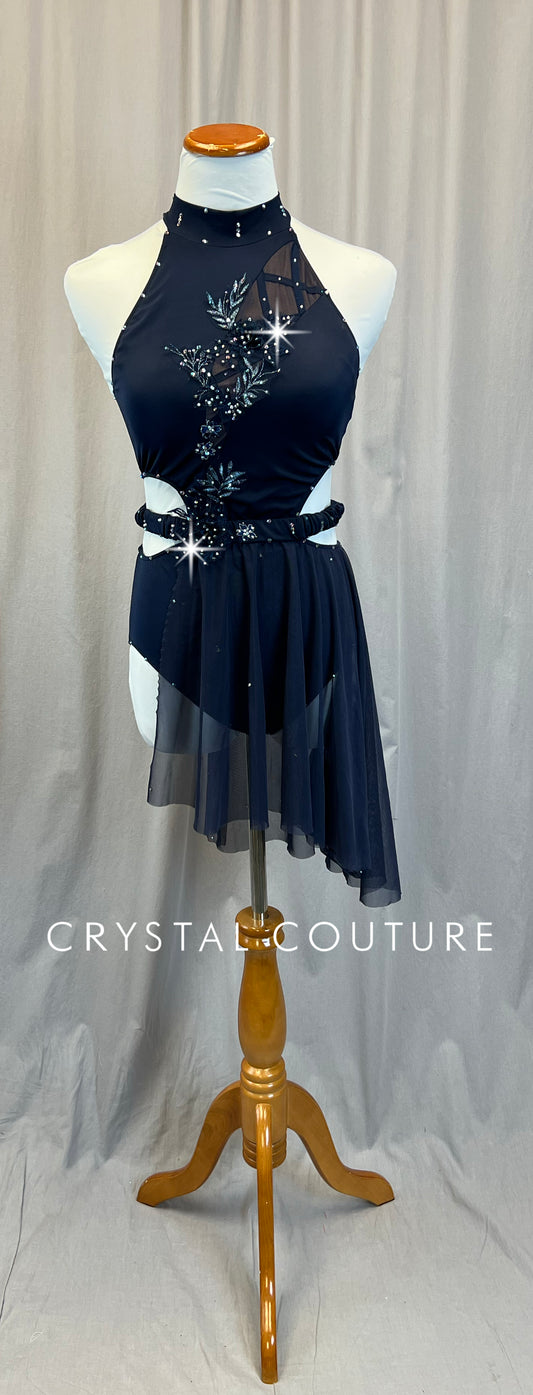 Navy mock neck Leotard with Half Skirt - Appliques - Rhinestones