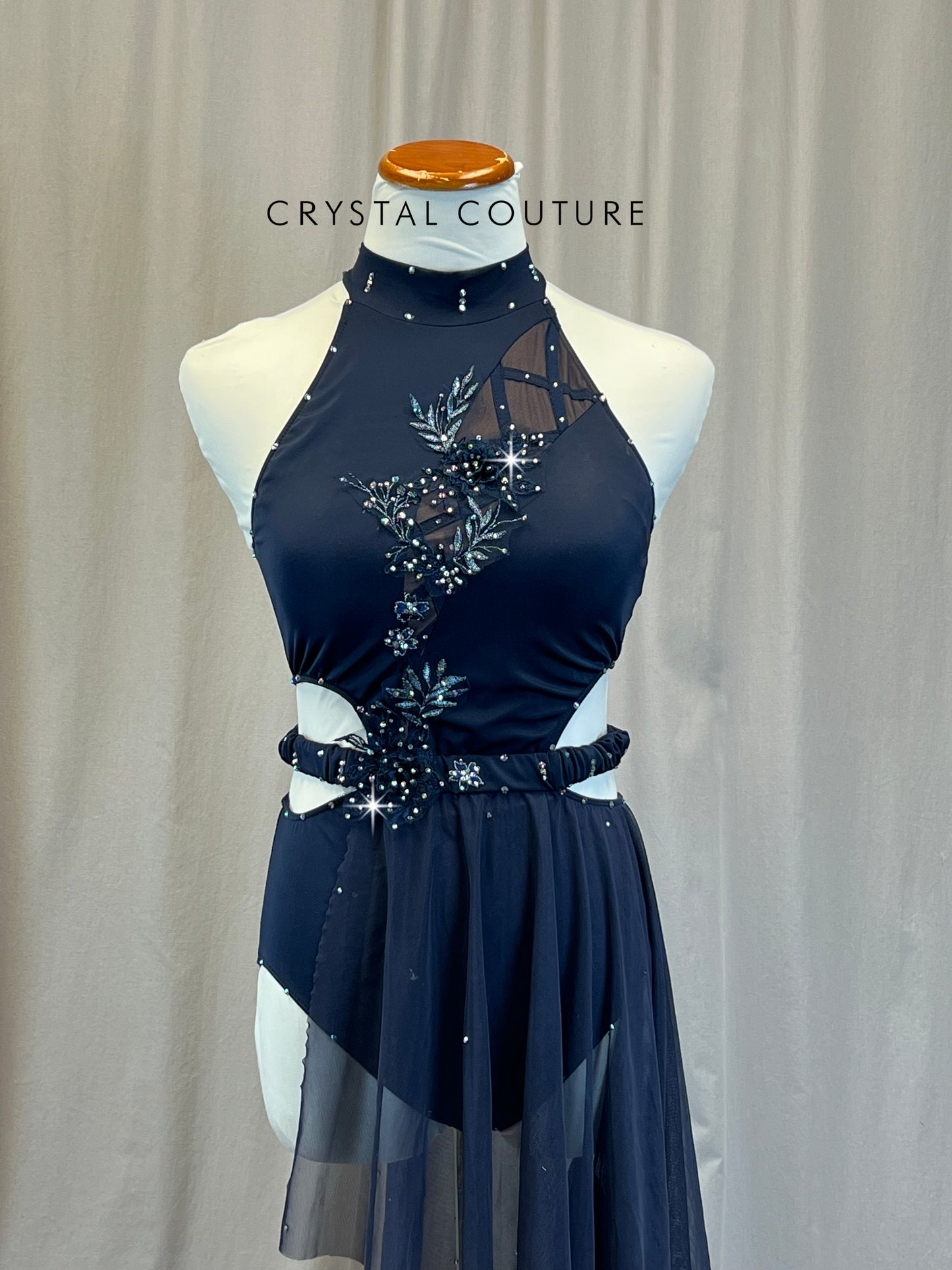Navy mock neck Leotard with Half Skirt - Appliques - Rhinestones