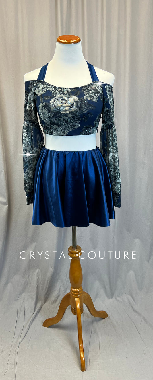 Gray and Navy Floral Mesh Long Sleeve and Navy Skirt Set - Rhinestones