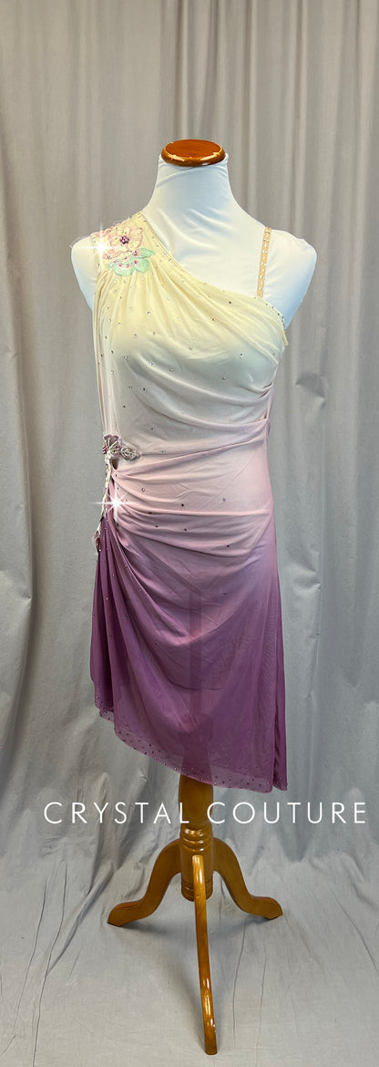 Ivory to Mauve Ombre One Shoulder Dress - Rhinestones