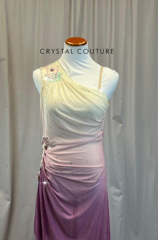Ivory to Mauve Ombre One Shoulder Dress - Rhinestones