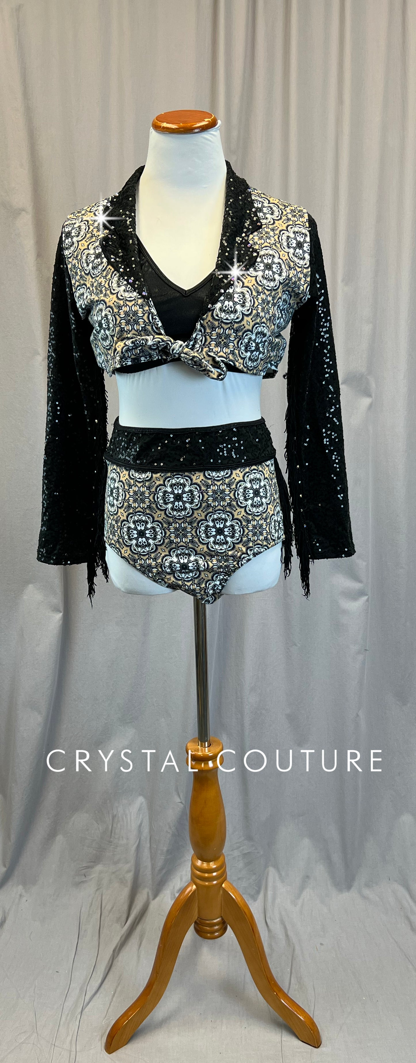 Tan and Black Paisley Long Sleeve and Brief Set - Rhinestones