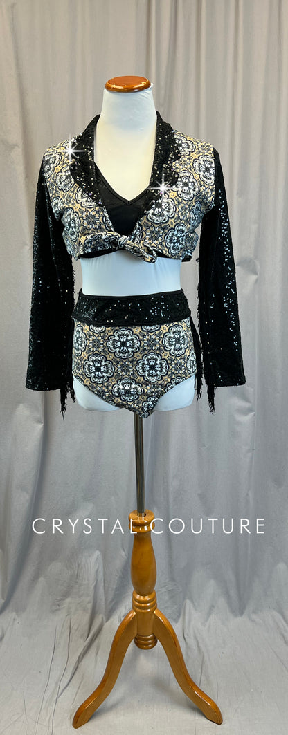Tan and Black Paisley Long Sleeve and Brief Set - Rhinestones