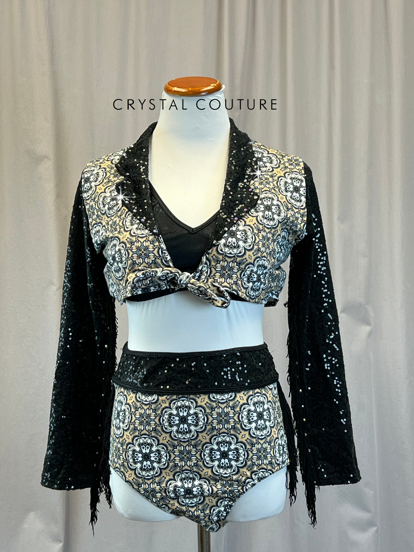 Tan and Black Paisley Long Sleeve and Brief Set - Rhinestones