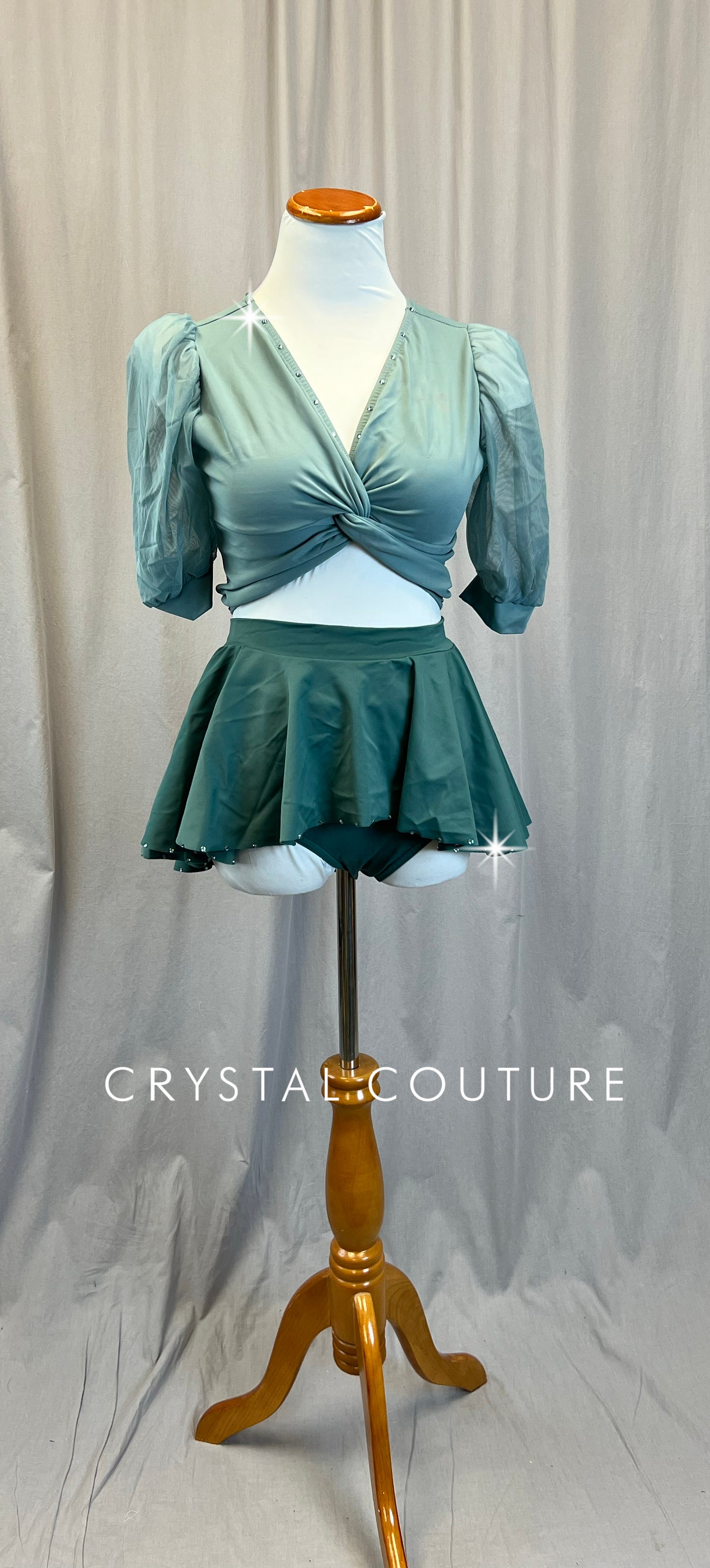 Sage Green Crop Top and Briefs+ Skirt Three-Piece Set - Rhinestones