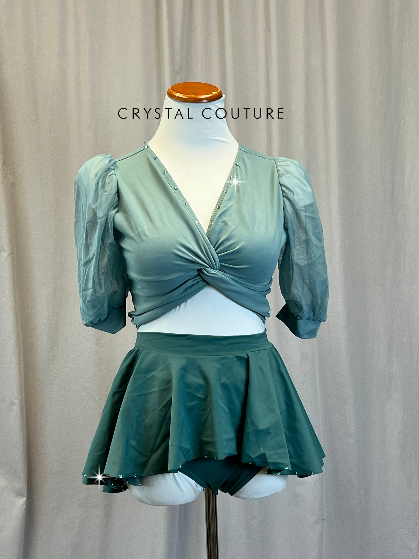 Sage Green Crop Top and Briefs+ Skirt Three-Piece Set - Rhinestones