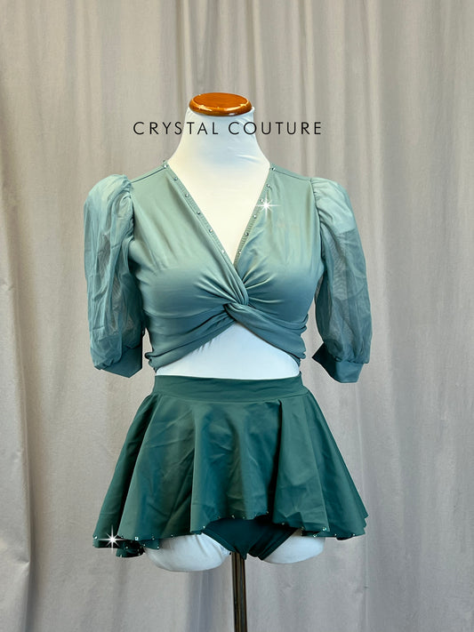 Sage Green Crop Top and Briefs+ Skirt Three-Piece Set - Rhinestones