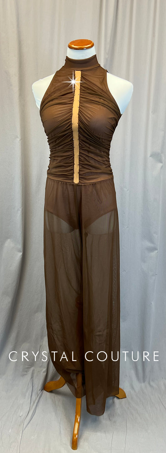 Brown Mesh Sleeveless Unitard - Rhinestones