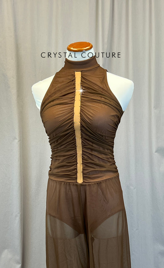 Brown Mesh Sleeveless Unitard - Rhinestones