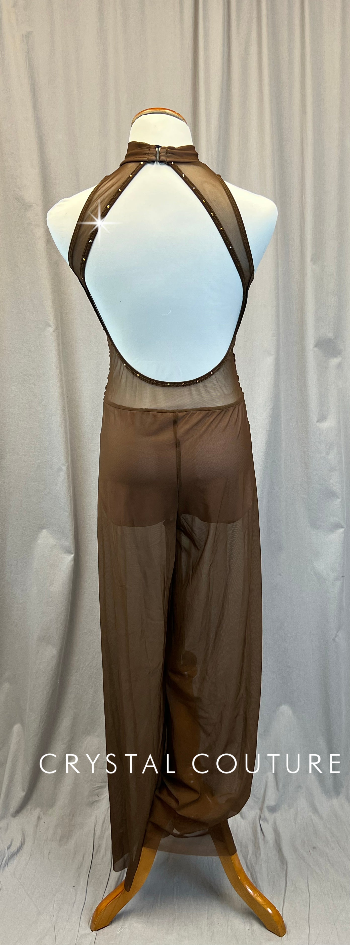 Brown Mesh Sleeveless Unitard - Rhinestones