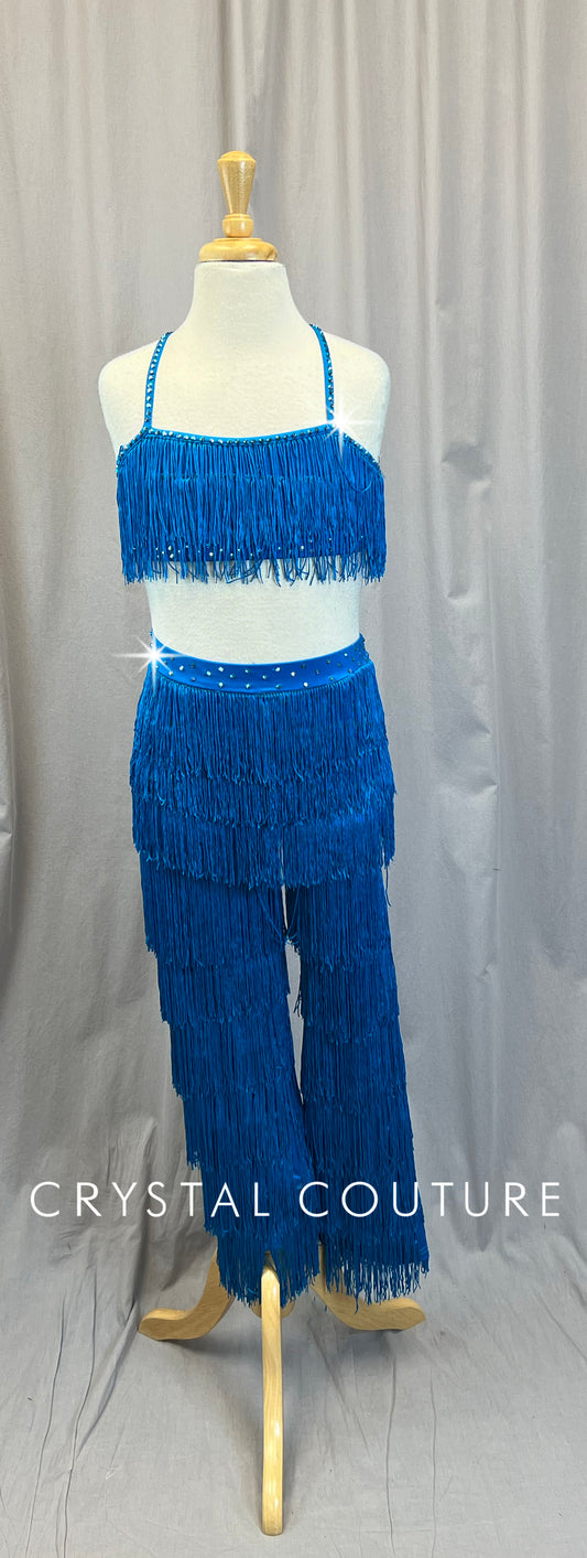 Blue/Blue Green Fringe Crop Top and Pants Set - Rhinestones