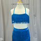 Blue/Blue Green Fringe Crop Top and Pants Set - Rhinestones