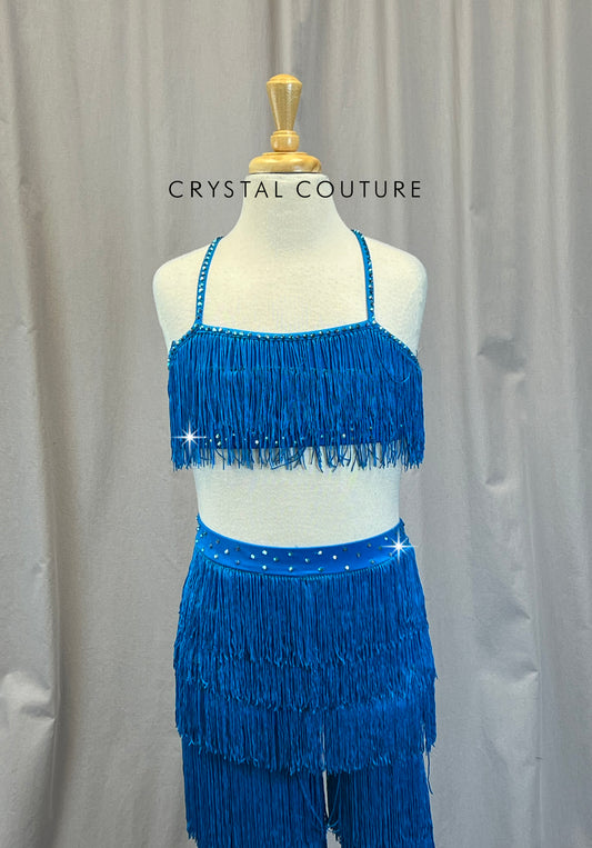 Blue/Blue Green Fringe Crop Top and Pants Set - Rhinestones
