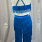 Blue/Blue Green Fringe Crop Top and Pants Set - Rhinestones