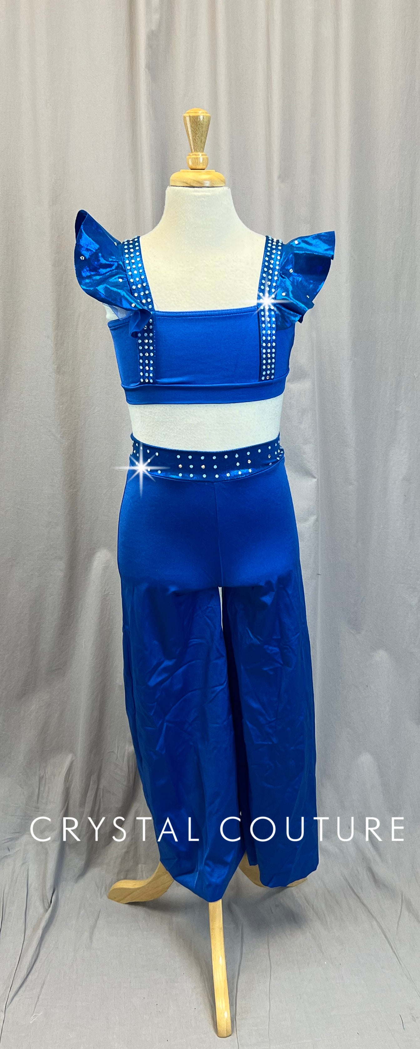 Blue with Ruffle Straps Crop Top and Pant Set - Rhinestones