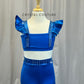 Blue with Ruffle Straps Crop Top and Pant Set - Rhinestones