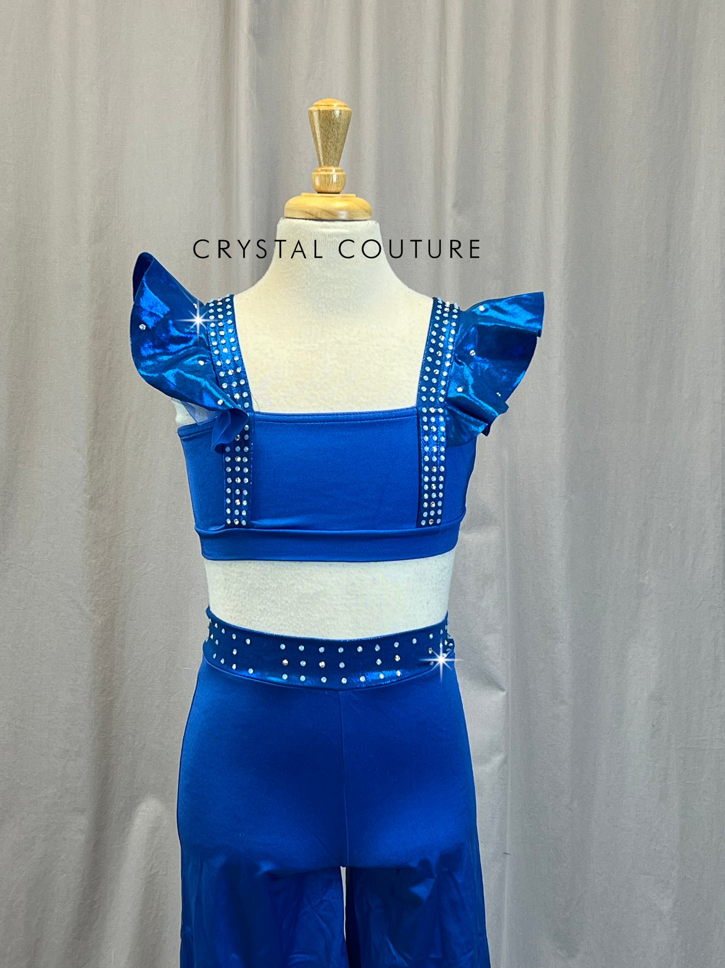 Blue with Ruffle Straps Crop Top and Pant Set - Rhinestones