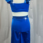Blue with Ruffle Straps Crop Top and Pant Set - Rhinestones