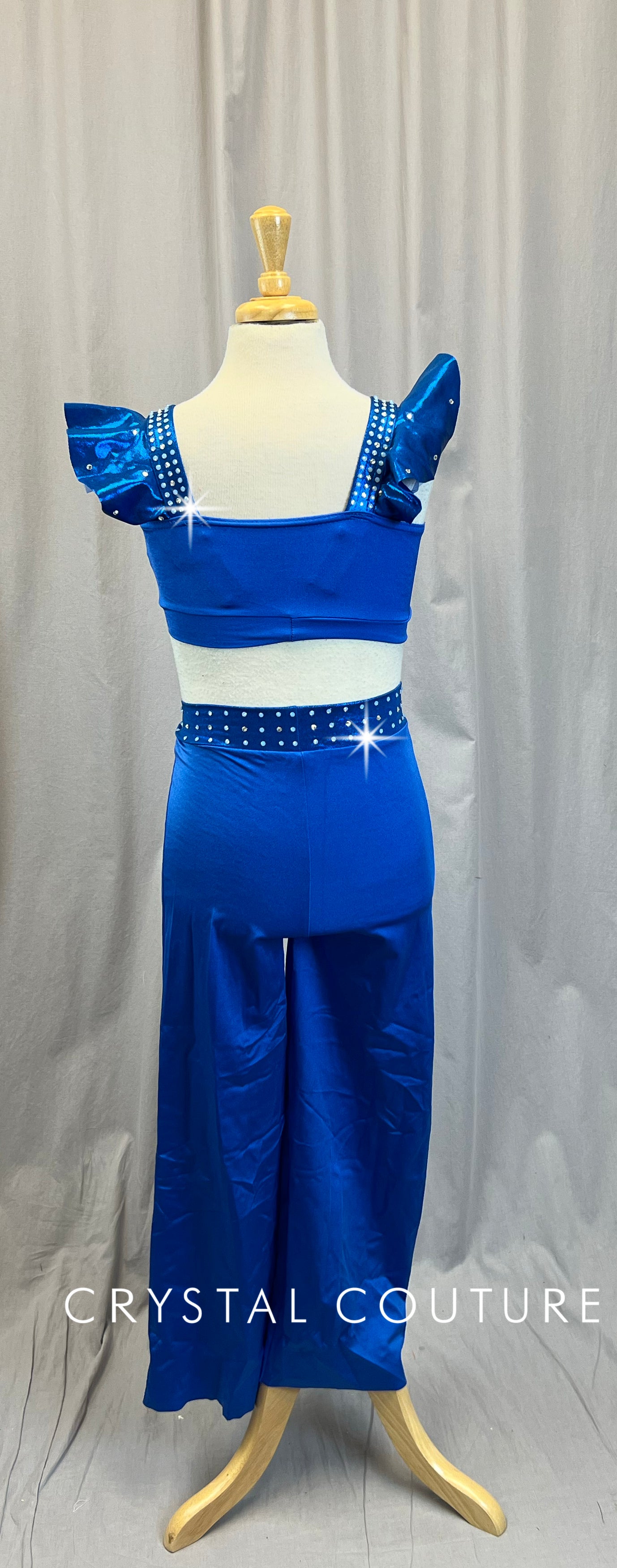 Blue with Ruffle Straps Crop Top and Pant Set - Rhinestones
