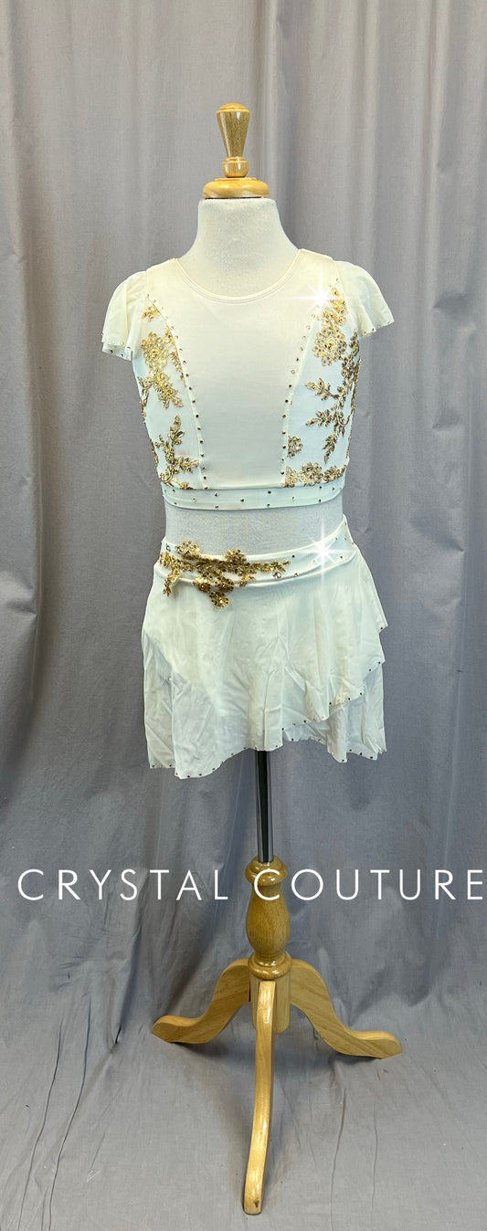 Ivory and Gold Cap Sleeve Crop top and Skirt Set - Rhinestones