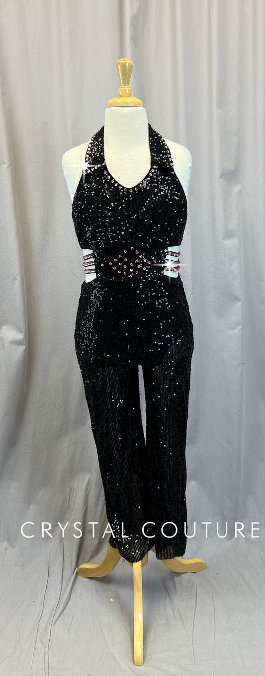 Black Sequin Sleeveless Unitard - Rhinestones