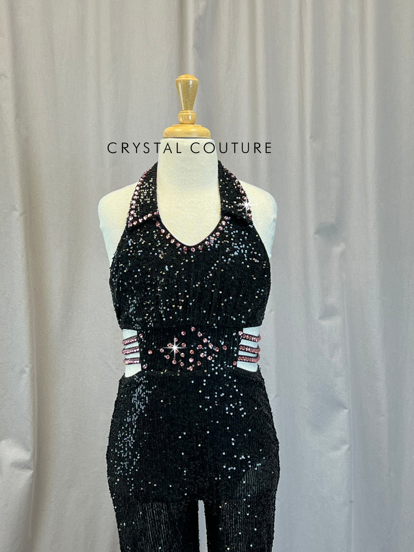 Black Sequin Sleeveless Unitard - Rhinestones
