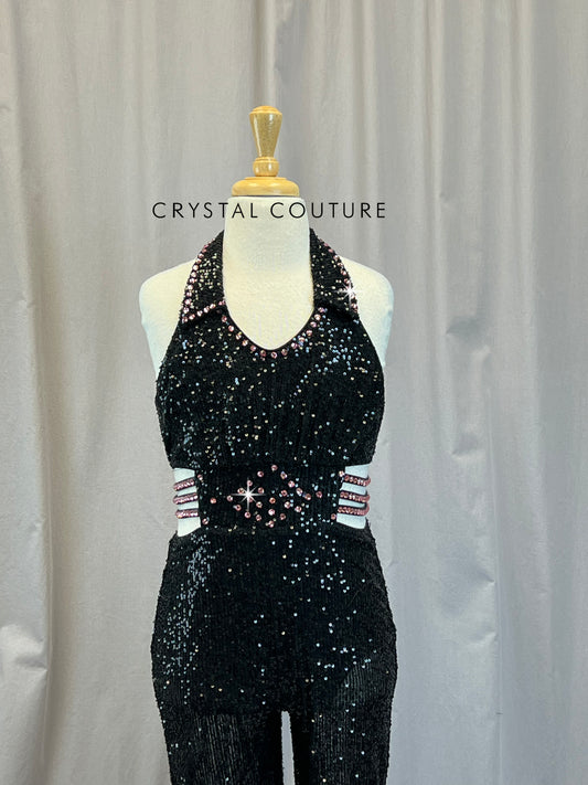 Black Sequin Sleeveless Unitard - Rhinestones