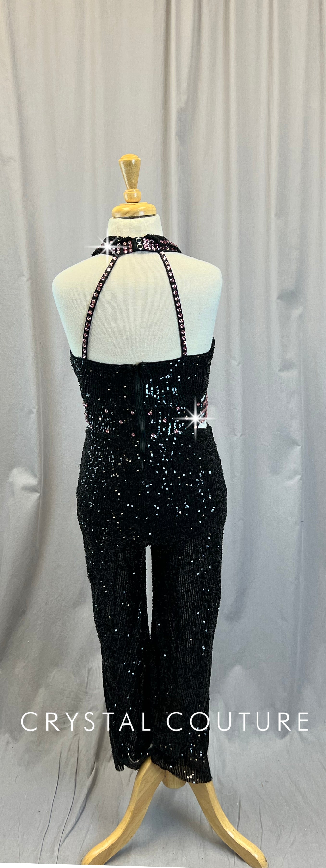 Black Sequin Sleeveless Unitard - Rhinestones
