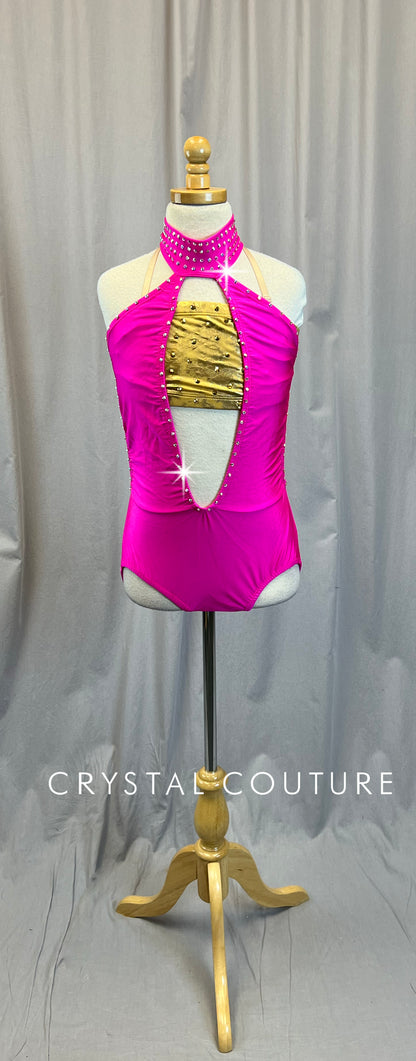 Hot Pink and Gold Keyhole Leotard - Rhinestones