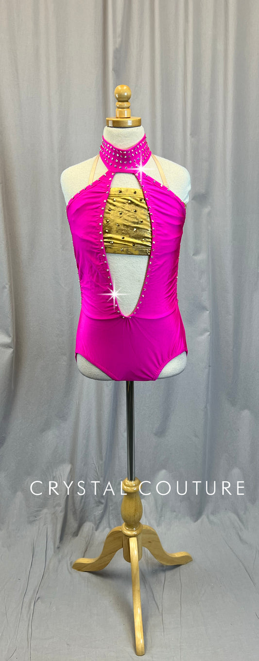 Hot Pink and Gold Keyhole Leotard - Rhinestones