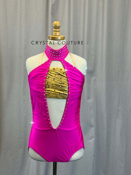 Hot Pink and Gold Keyhole Leotard - Rhinestones