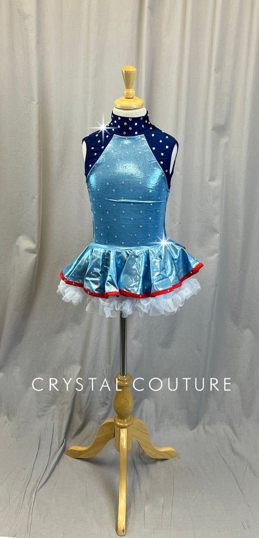 Light Blue,Navy and Red Metallic Tutu Dress - Rhinestones