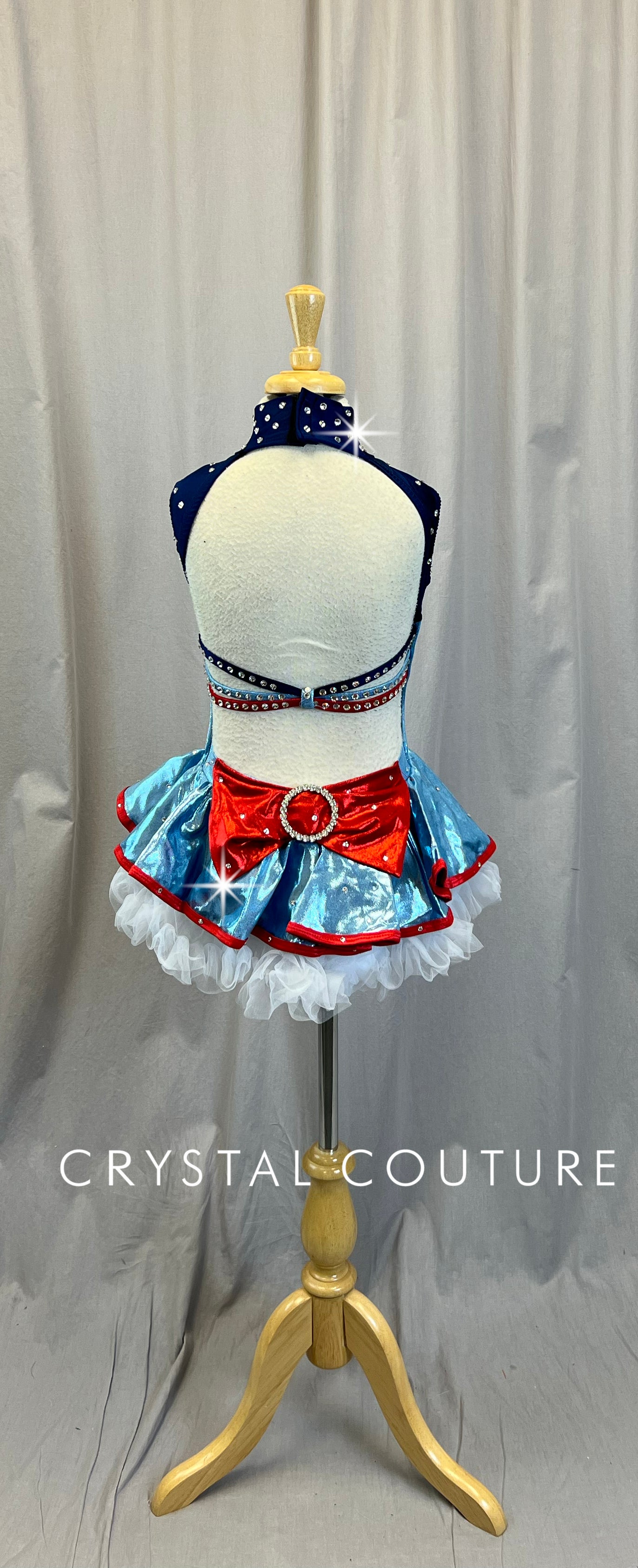 Light Blue,Navy and Red Metallic Tutu Dress - Rhinestones