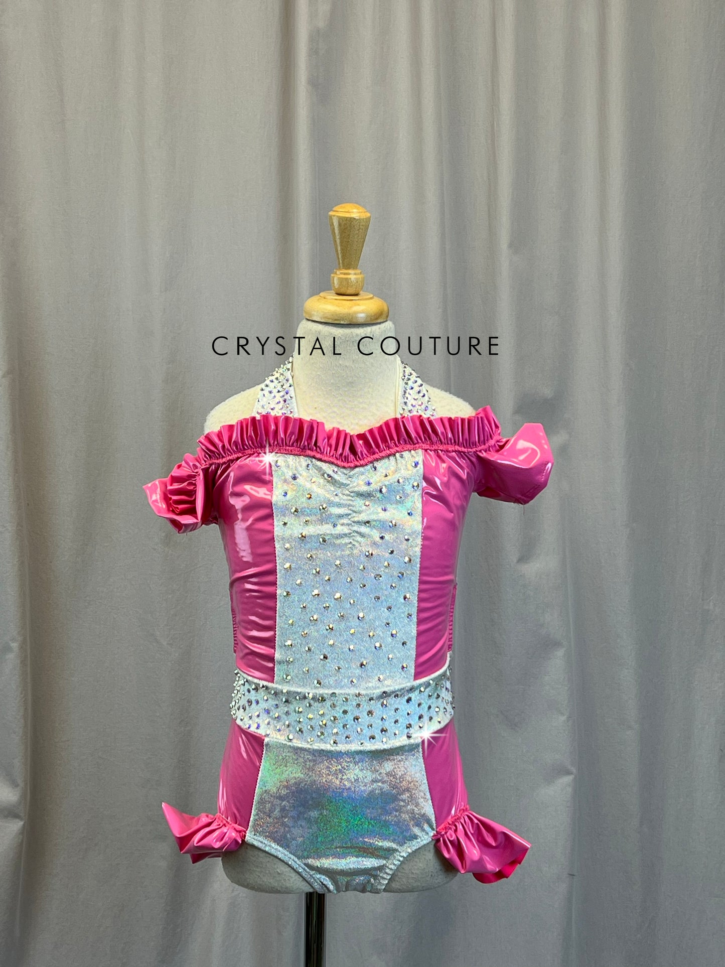 Pink Latex and Holographic Silver Leotard