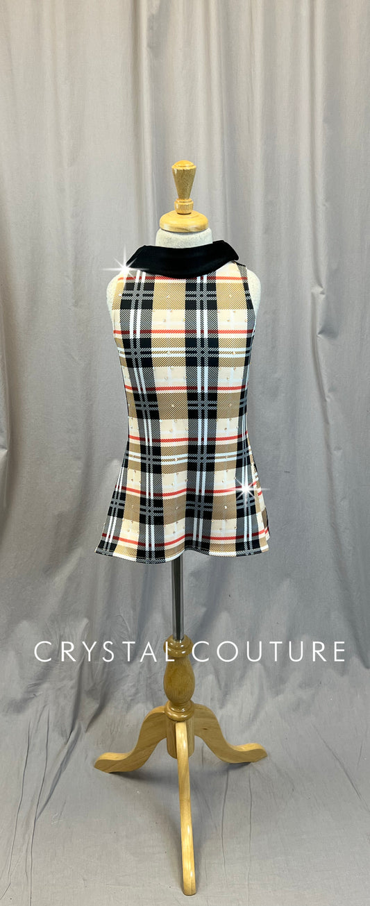 Tan and Black Plaid Sleeveless Tunic Dress - Rhinestones