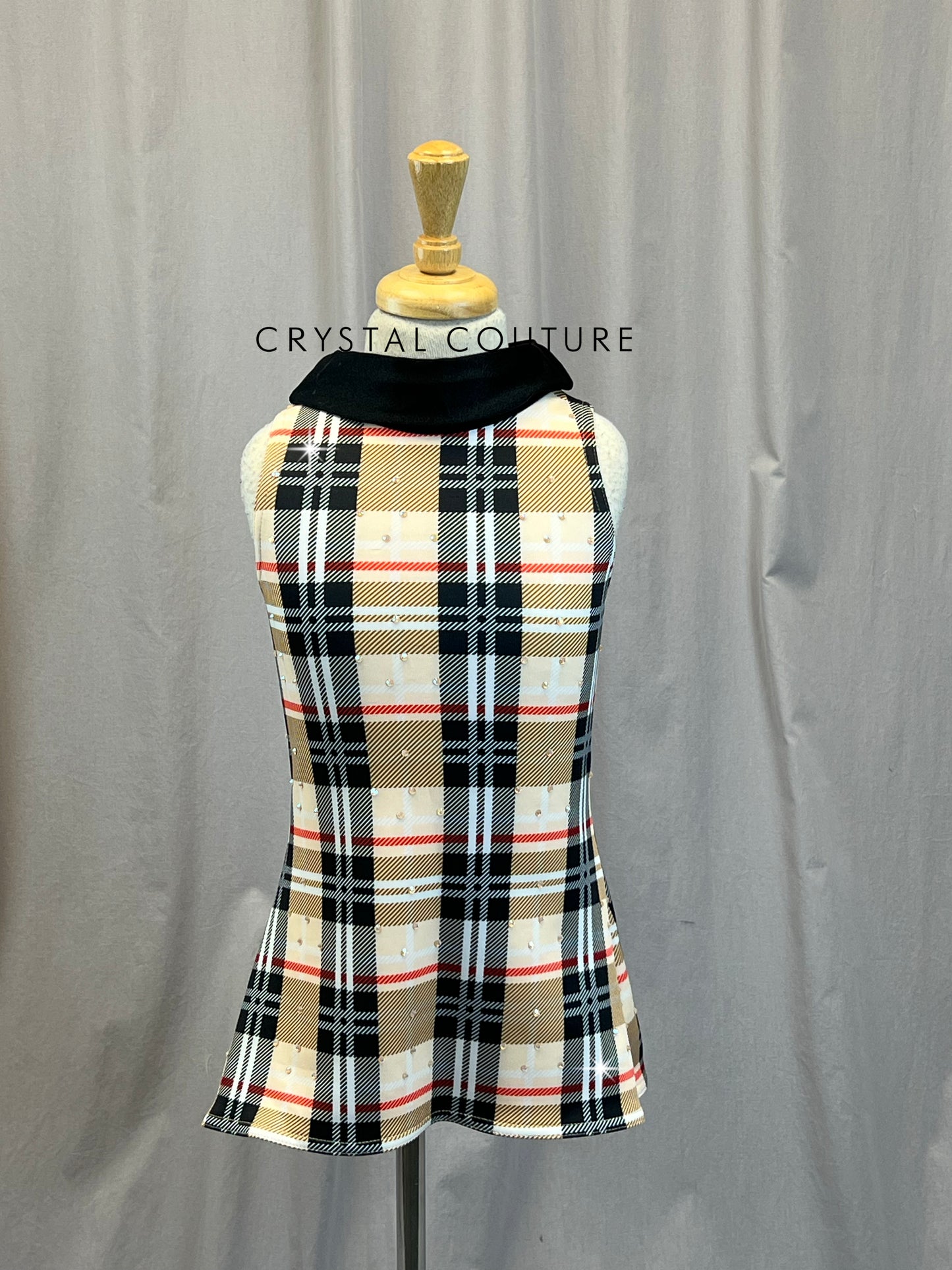 Tan and Black Plaid Sleeveless Tunic Dress - Rhinestones