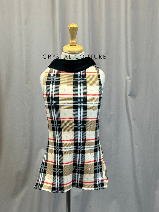Tan and Black Plaid Sleeveless Tunic Dress - Rhinestones