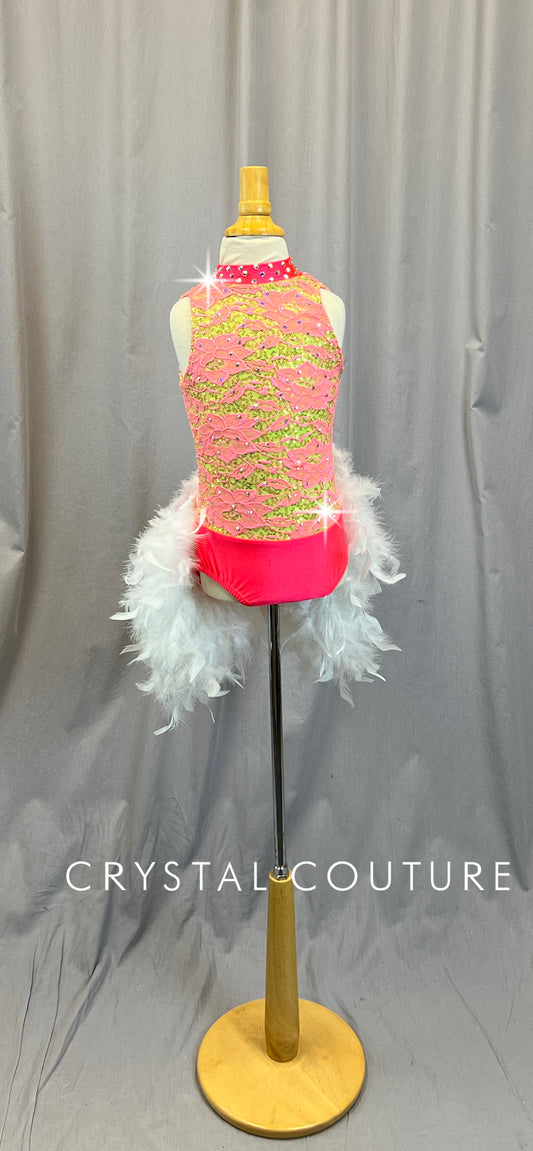 Pink and Lime Leotard with White Feather Bustle - Rhinestones
