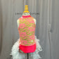 Pink and Lime Leotard with White Feather Bustle - Rhinestones