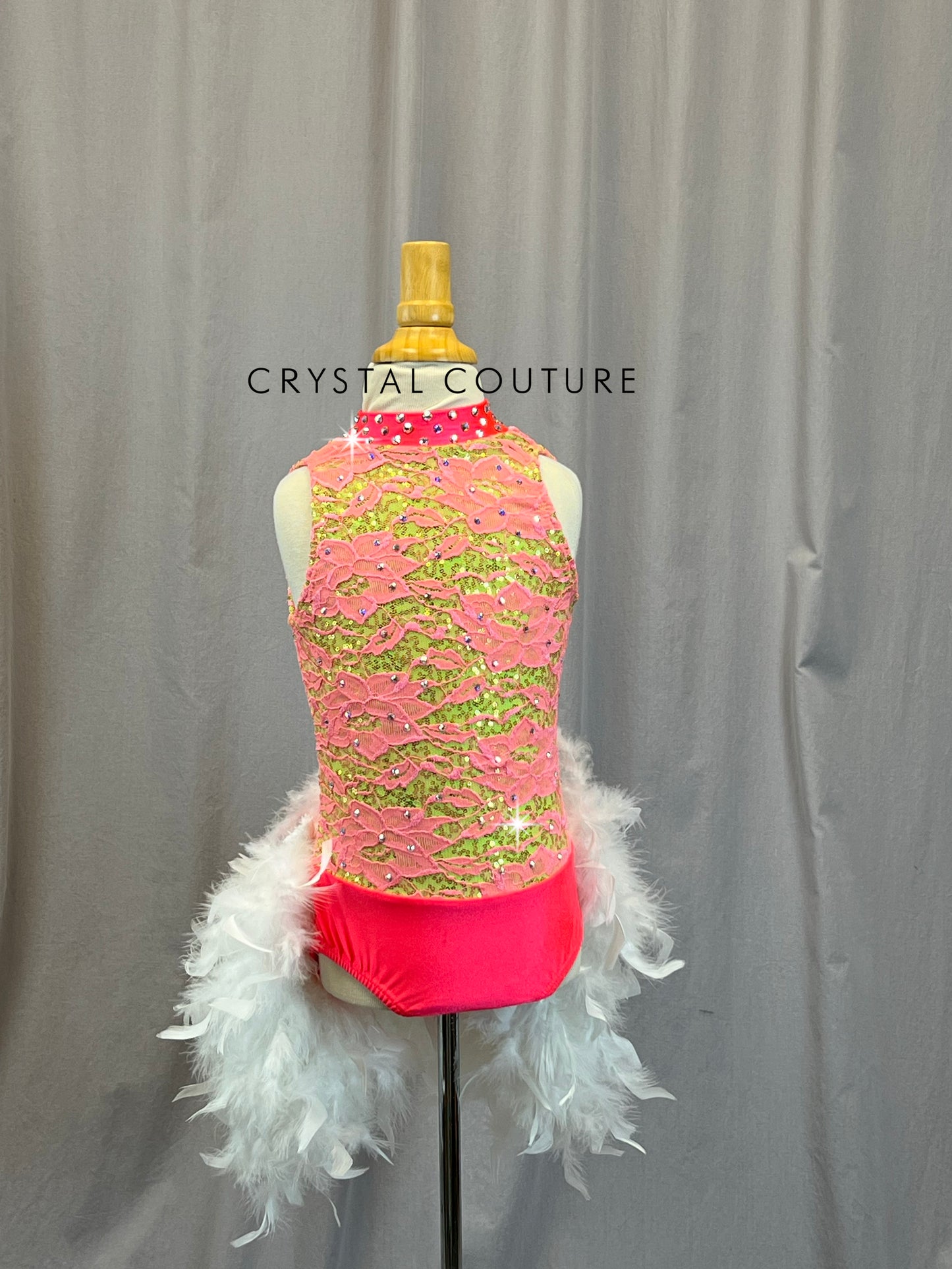 Pink and Lime Leotard with White Feather Bustle - Rhinestones
